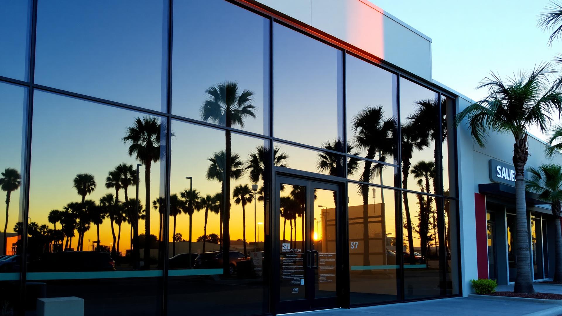 Tinted commercial storefront glass in Southern California at golden hour